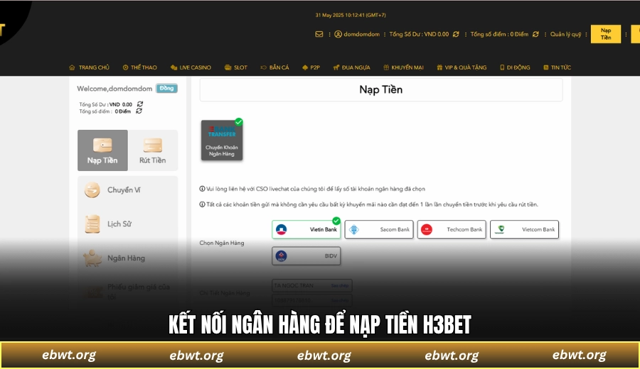 Kết nối ngân hàng để nạp tiền H3BET