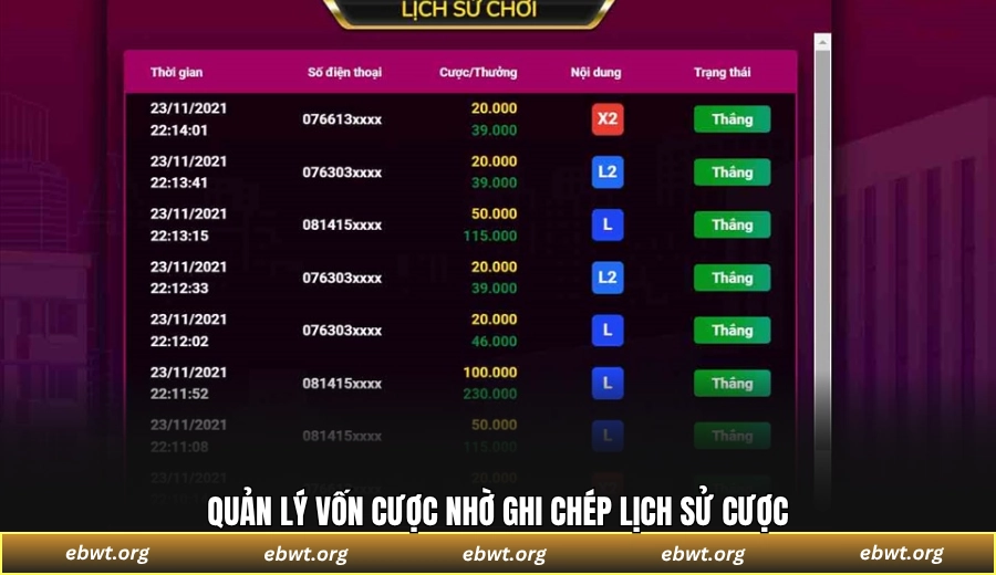 Quản lý vốn cược nhờ ghi chép lịch sử cược